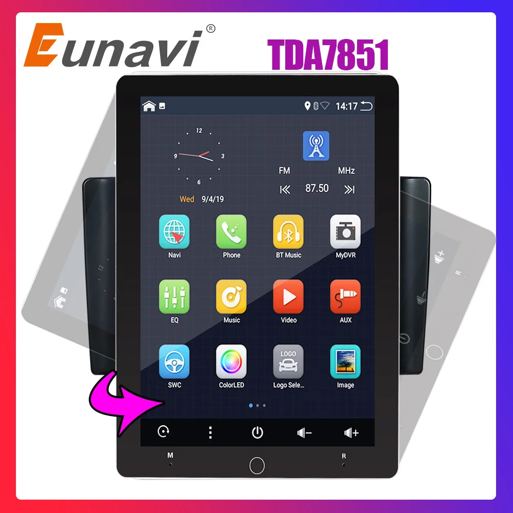Eunavi 2 din Android 9 car multimedia radio player universal TDA7851 IPS Electric rotation screen G