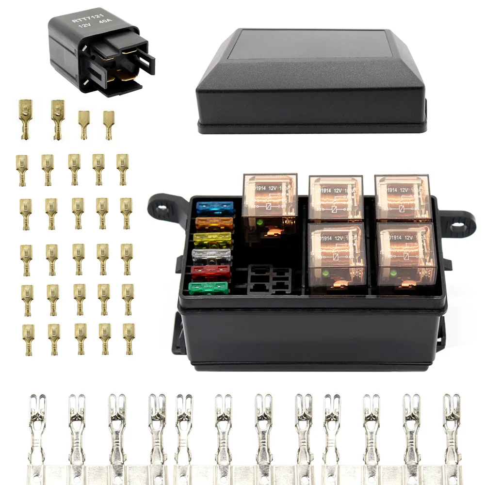 

6Pcs Fuses Universal for Automotive and Marine Use 12-Slot Relay Box 6 Relays Slots 6 ATC/ATO Standard Fuses Holder Block