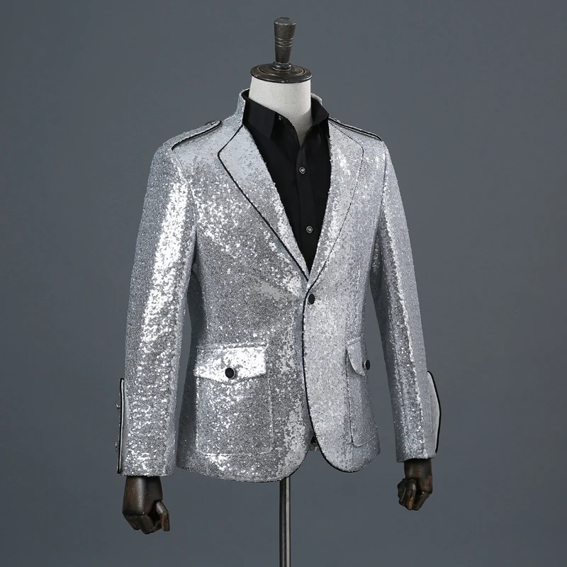 Модные серебряные блестки стоячий воротник мужские костюмы пиджак мужской Tid певец ночной клуб ведущий бар сценический DJ костюм Блейзер костюм