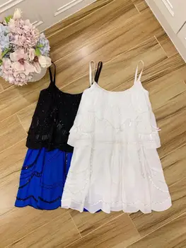 

2020 Summer Runway Designer Sexy Spaghetti Strap Sleeveless Women Sequins Beading White / Black Mini Dress
