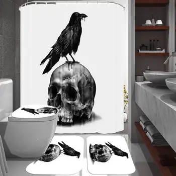 

Black Skull Bird Shower Curtain Sets Non-Slip Rugs Toilet Lid Cover and Bath Mat Waterproof Bathroom Curtains Halloween Decor