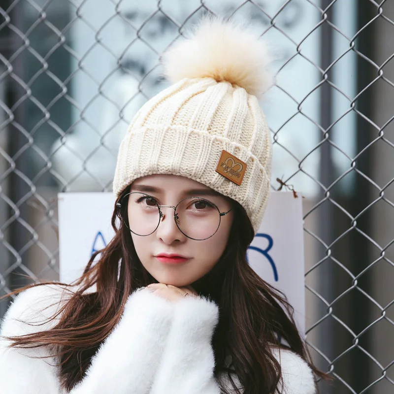 Модная женская зимняя теплая вязаная шапка из кроличьего меха с помпоном вязаная шапка с черепом Красивая Серая шапка - Цвет: Хаки