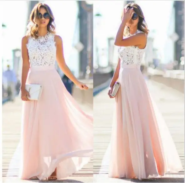 

In Stock Cheap Long Bridesmaid Dresses 2021 Blush Pink Lace Chiffon Bohemian Beach Junior Maid Of Honor Wedding Guest Dress