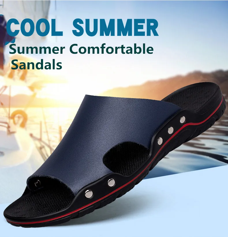 Men Slippers Summer Flat Summer Man Shoes Breathable Beach Slippers Split Leather Flip Flops Mens Slippers Size 38-48