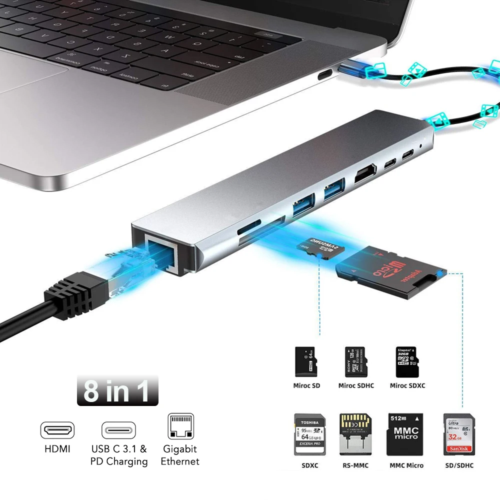 

8-in-1 USB Type-C Hub To 4K HDMI RJ45 USB 3.0 SD/TF Card Reader PD Fast Charge Multifunction Adapter For MacBook Pro