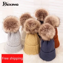 Мягкая теплая зимняя шапка с помпонами для женщин, шерстяная шапка с меховым помпоном Skullies Beanies для женщин и девушек, вязаная шапка для холодной погоды, женская Лыжная шапка