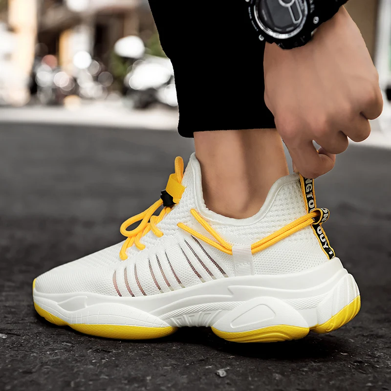 

Summer new Fashion Men Casual Shoes Thick Sole Footwear For Male Breathable Flyknit+Pu Hard-Wearing non-slip Men Chunky Sneakers