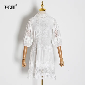 

VGH Patchwork Plaid Dresses For Female Turtleneck Lantern Hlaf Sleeve High Waist Hollow Out Dress Women Fashion Clothes