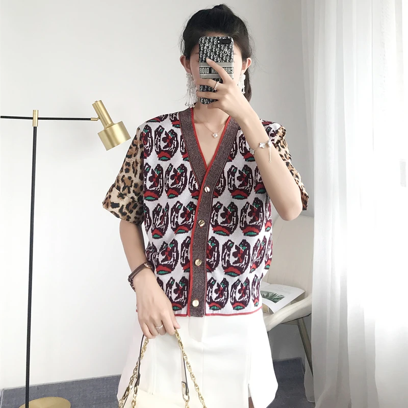 

Women Cardigan Plus Size Leopard Print Sweater Coat Color Block Geometric Shrug Short Sleeve Top Knitted Runway Outwear Loose
