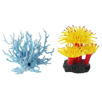 

1Pcs Aquarium Fish Tank Light Blue Artificial Plastic Coral Decor & 1Pcs Concrete Base Silicone Anemone Aquarium Plant Decoratio