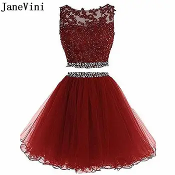 

JaneVini Sexy Beaded Homecoming Dresses Two Piece Short Lace Burgundy Formal Party Dress A Line Tulle Gowns vestido corto encaje