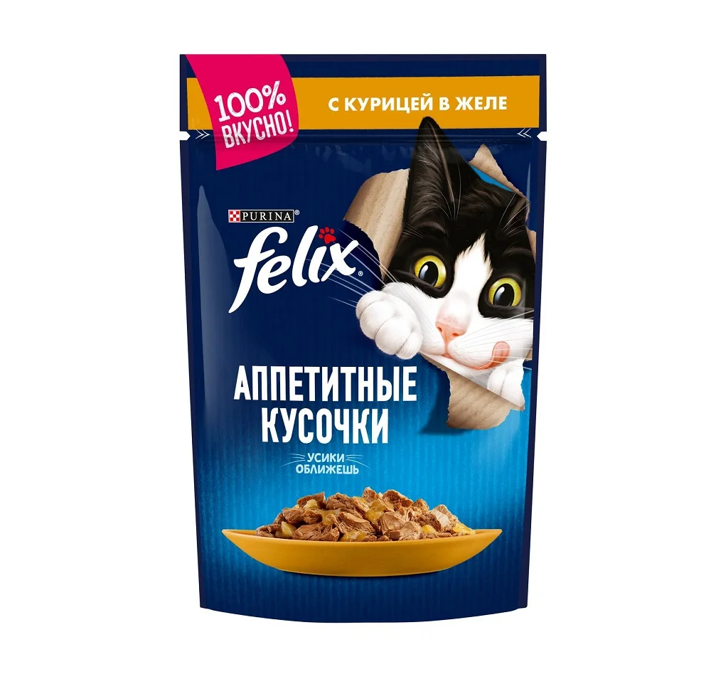 Влажный корм Felix® Аппетитные кусочки для взрослых кошек с курицей в желе 26 шт х 85 г
