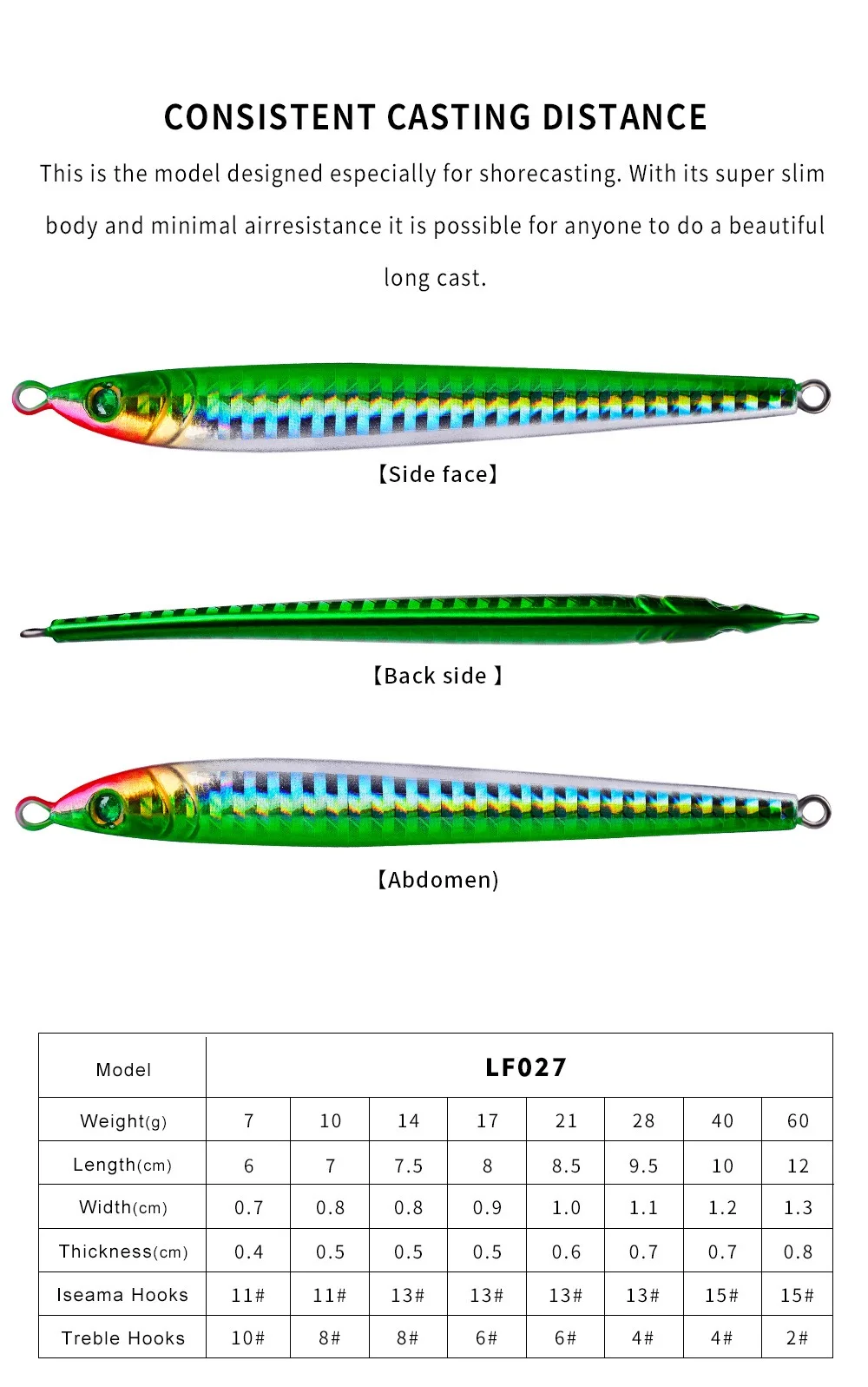 Description Picture 5 of itemPRO BEROS Metal Jig Bait Weight 7g-60g Trolling hard bait bass fishing tackle trout diving bait Sea Fishing Lures Pesca