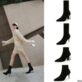 

New Short boots children spring and autumn knit socks boots elastic boots stiletto high tube thin leather boots high heels socks