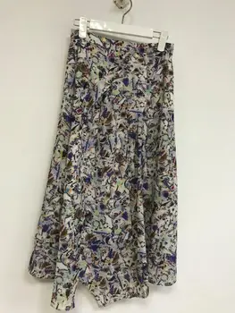 

Women Midi Skirt Vintage Print 2020 New Fashion Asymmetric Pleated Lady Long Skirts