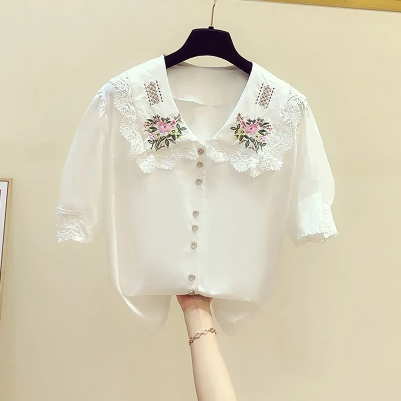 

Puff Sleeve Top Female 2020 Summer New Doll Collar Temperament Retro Embroidered Floral White Shirt Chic Shirt Fashion Blusas