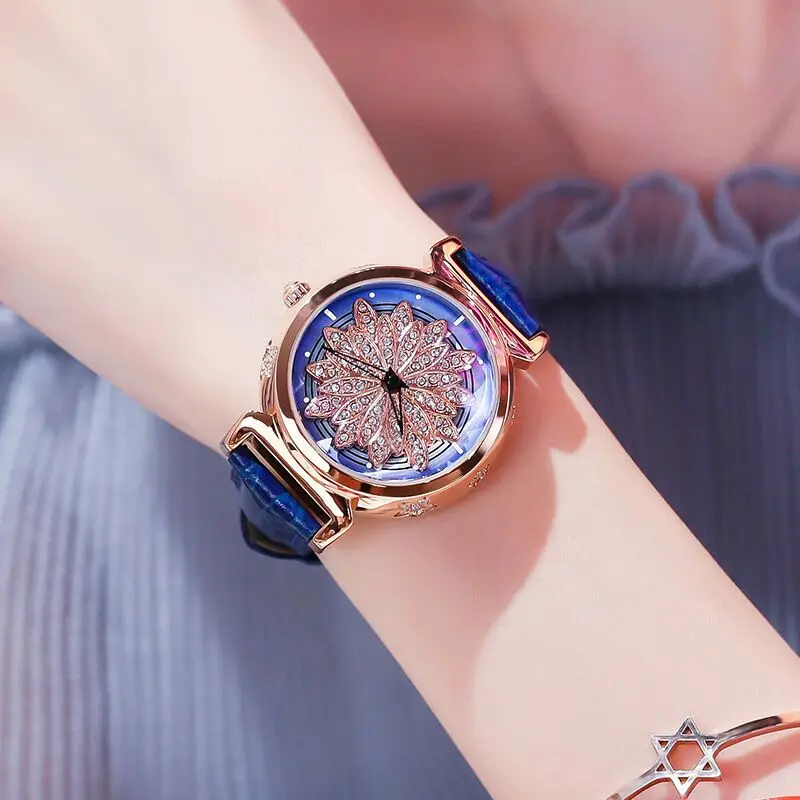 Creative Rotation Flower Women Watches Luxury Diamand Rose Gold Clock Leather Ladies Quartz Watch
