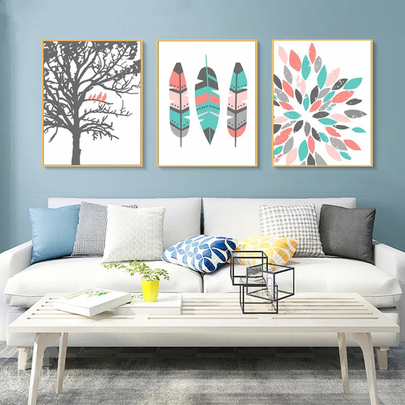 Nordic Canvas Painting Wall Art Stampe E Poster Feather Coral Mint Landscape Pictures Modern For Baby Girl Room Decoration