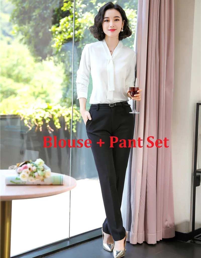 Blouse and Pant Женские офисные блузки и топы с длинным рукавом, белые женские офисные форменные стили OL - Цвет: Blouse and Pant