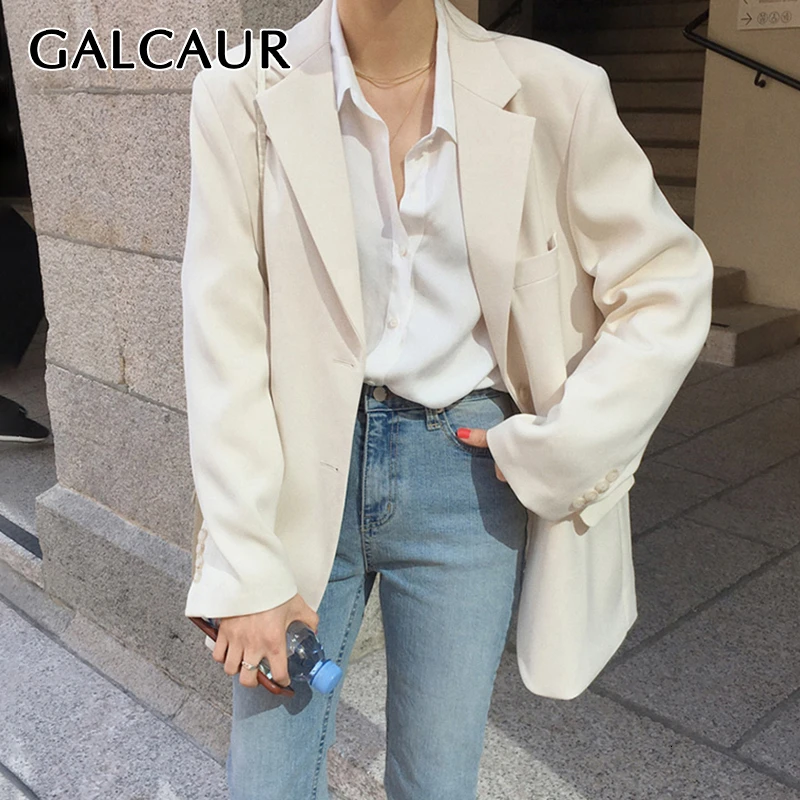 GALCAUR, корейский Повседневный блейзер для женщин, зубчатый длинный рукав, большой размер, свободный Женский блейзер, пальто,, осенняя мода, новая одежда