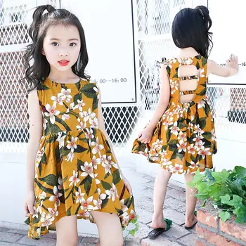 

Summer Flower Girl Dresses Kids Multi-Bandage Backless Tops Children Sleeveless Floral Printed Cotton A-line Dresses for Girls