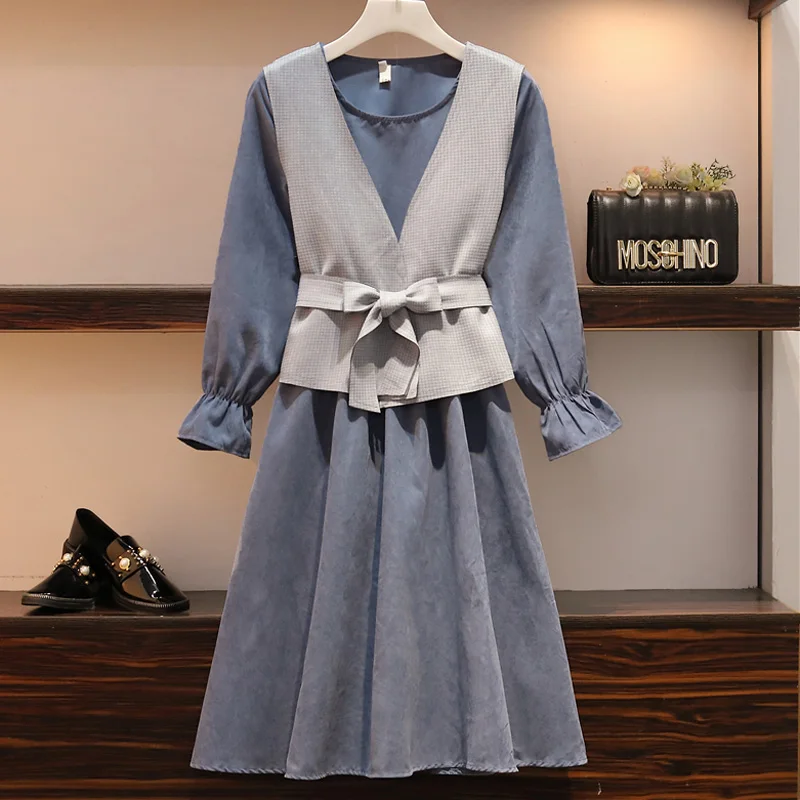 

Autumn Women Casual Office Two-Pieces Suits Solid Color A Line Loose Suede Dress And Bandage Houndstooth Vest Elegant 2 Pcs Set