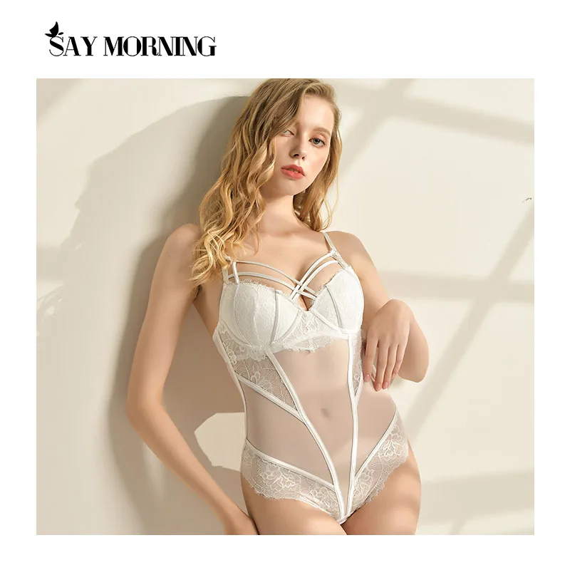 

SAY MORNING Sexy Push Up Bra Mesh Lace Bodysuit Women Bodycon Body See Through Transparent Backless Overalls Sleeveless Female