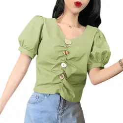 Плиссированная пряжка с v-образным вырезом женские летние рубашки с коротким рукавом синие авокадо Зеленые Белые футболки блузки в