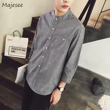 

Shirts Men Striped Stand Three Quarter Pocket Summer New Fashion Mens All Match Simple Korean Style Daily Leisure Students Shirt