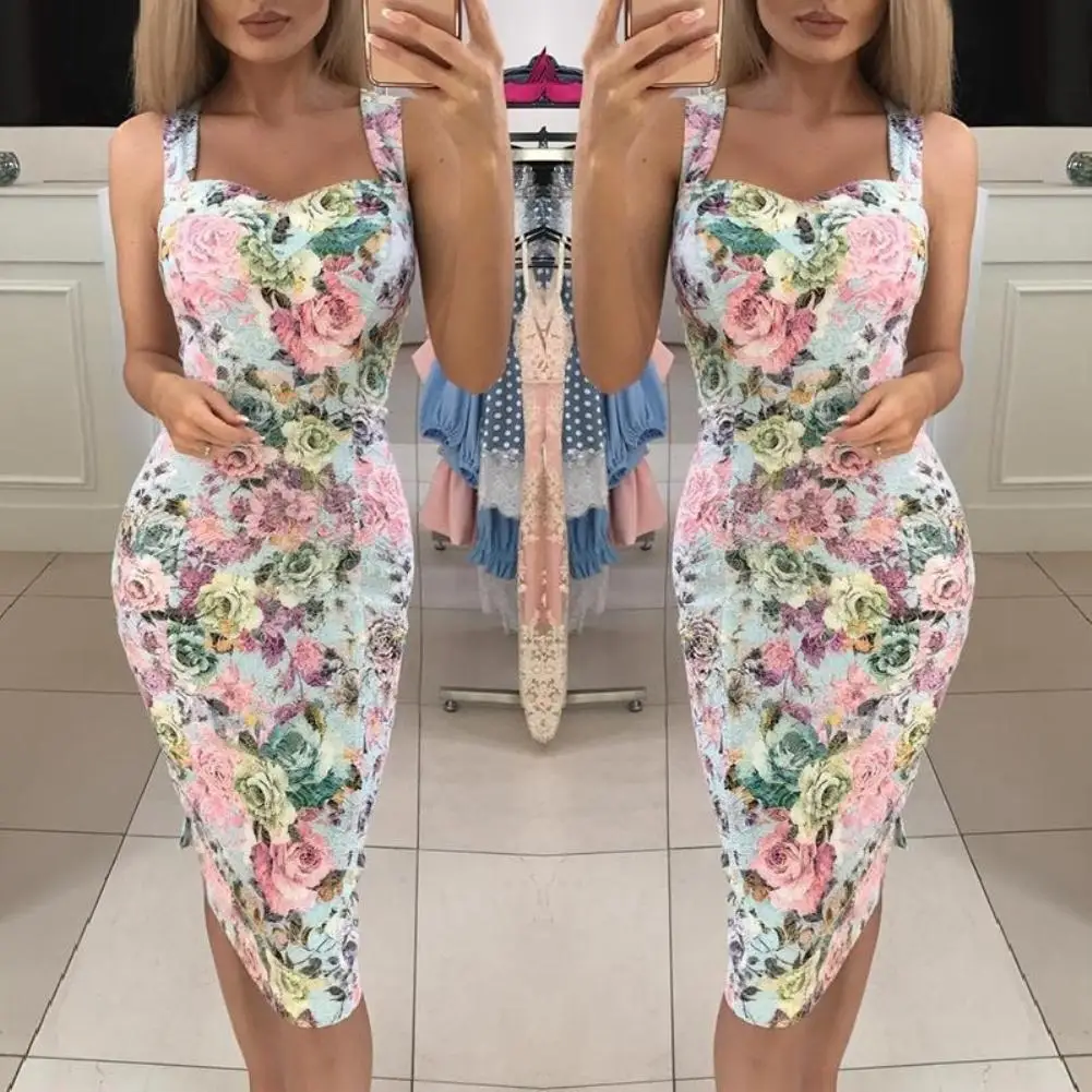 

80% HOT SALES!!! Evening Party Vintage Rose Flower Print Women Sleeveless Bodycon Midi Dress