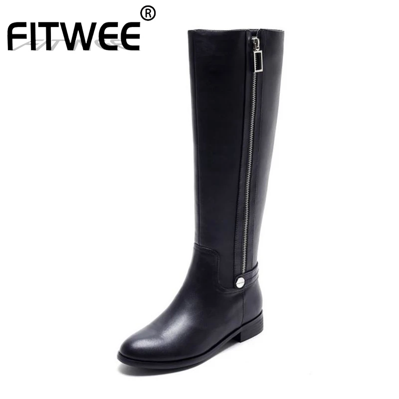 FITWEE Real Leather Women Retro Simple Knee High Boots Zipper Flats Winter Shoes Office Work Buckle Motorcycle Size 34-42 | Обувь