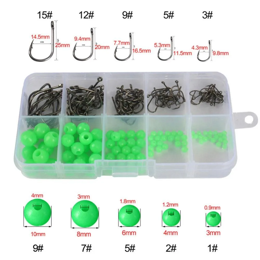 190 pcs Non-Slip Luminous Beads+ Fishing Hooks with Plastic Storage Box for Saltwater Freshwat