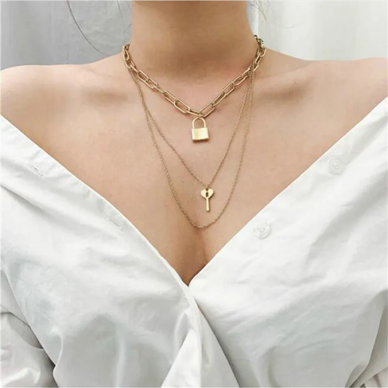 

Bohemia New Arrival Gold Color Pendant Necklace Cross Key Lock Letter Multi-layer Chain Choker Jewelry Women Party