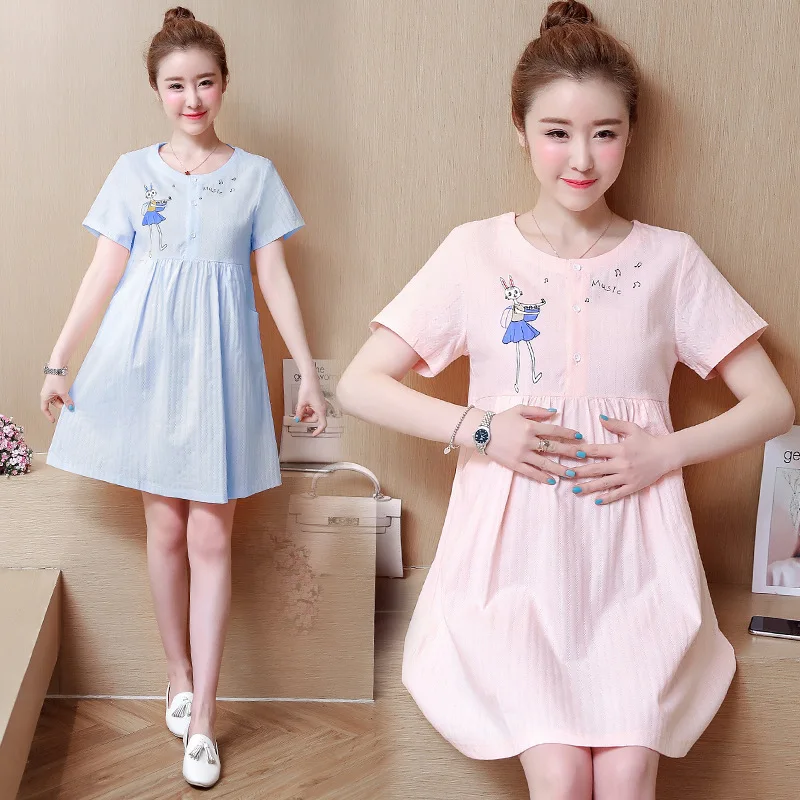 

Maternity Clothes 2019 Summer New Style Korean-style Cartoon Printed Mid-length Pregnant Women Loose-Fit Dress