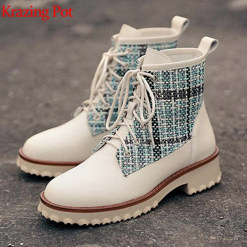 

krazing pot 2020 cow leather round toe med heels cotton fabric comfortable outdoor streetwear western British mid-calf boots l11