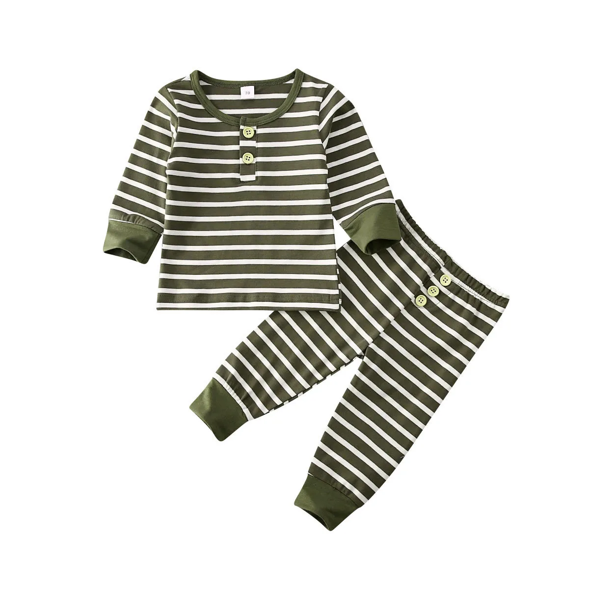 Г. Весенне-осенняя одежда для малышей полосатая футболка с кнопками и длинными рукавами для новорожденных мальчиков и девочек, топы, пуловер, футболка, штаны, комплект со штанами - Цвет: Зеленый