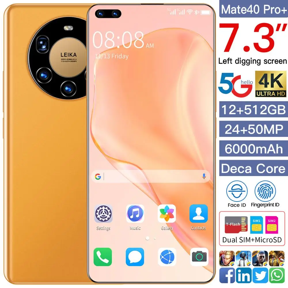 Global Version HUAWE Mate40 Pro+ Smartphone 7.3 Inch Full Screen Deca Core 6000mAh 12GB 512GB 4G LTE 5G Network Mobile Phone