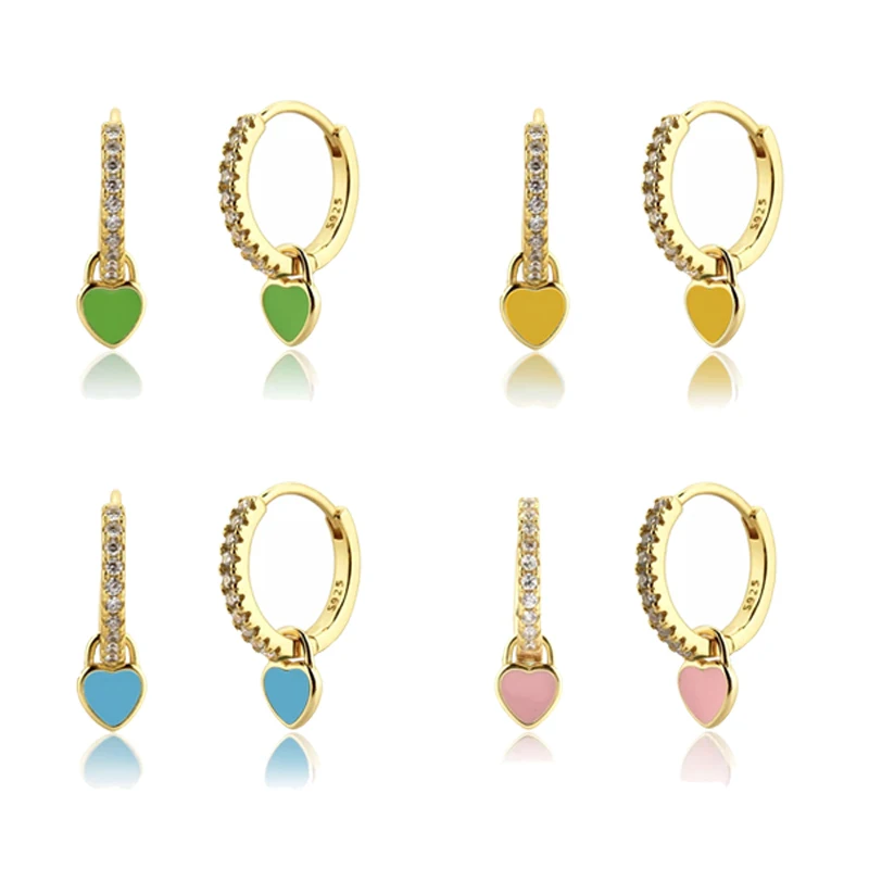 Pendientes de aro pequeño con cristales de circonita blanca para mujer, aretes, joyería, corazón colorido, Pendientes de plata de ley 925