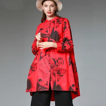 

LANMREM 2020 Spring And Spring New Products Loose Mid-length Round Neck Irregular Print Cotton Long-sleeved Shirt Women PB244