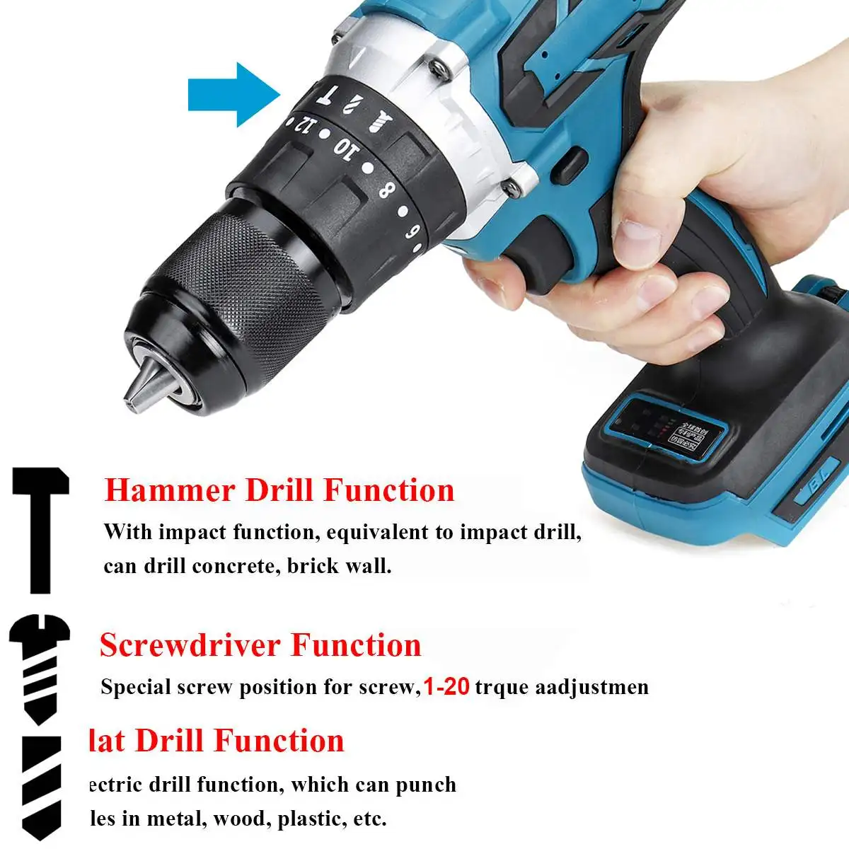 3 in 1 Brushless Electric Drill Hammer Electric Screwdriver 13mm 20+3 Torque Cordless Impact Drill for Makita Battery 18V