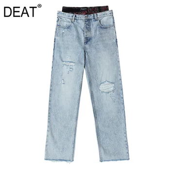 

DEAT 2020 new spring fashion women's clothing high waist embroidery spliced hollow out hole vintage light denim jeans WL02805L