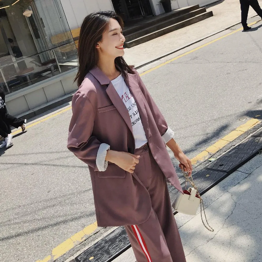 

Photo Shoot South Korea Ulzzang Contrast Color Webbing Joint Small Suit Coat Women's Elegant Wide-Leg Straight-Cut Suit Pants Se