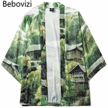 Bebovisi, китайский стиль, зеленый бамбуковый строительный принт, Мужская Уличная одежда, кимоно, кардиган, халат, мужской унисекс, японский тренд, кимоно, одежда