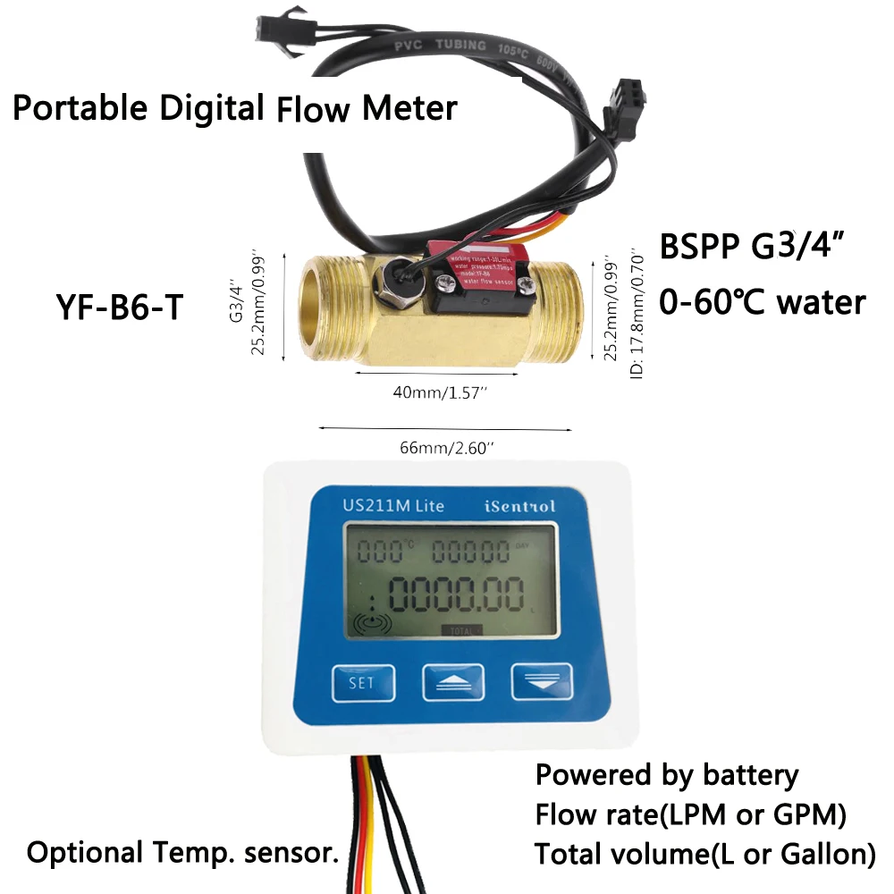 Digital Flow Meter US211M Lite and YF-B6-T 2-30L/min 5V Flow Reader Compatible Hall Effect Water Sensor With Temperature