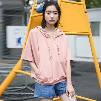 

2020 New Summer Small Fresh Hooded Short Sleeve Loose T Shirt Women Casual Pocket Harajuku Tees Sweet Woman Pink Tops