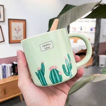 

Nordic Green Cactus Ceramic Cup with Wooden Spoon Creative Cute Milk Breakfast Mug Home Office Tea Coffee Cup for Women Man Gift