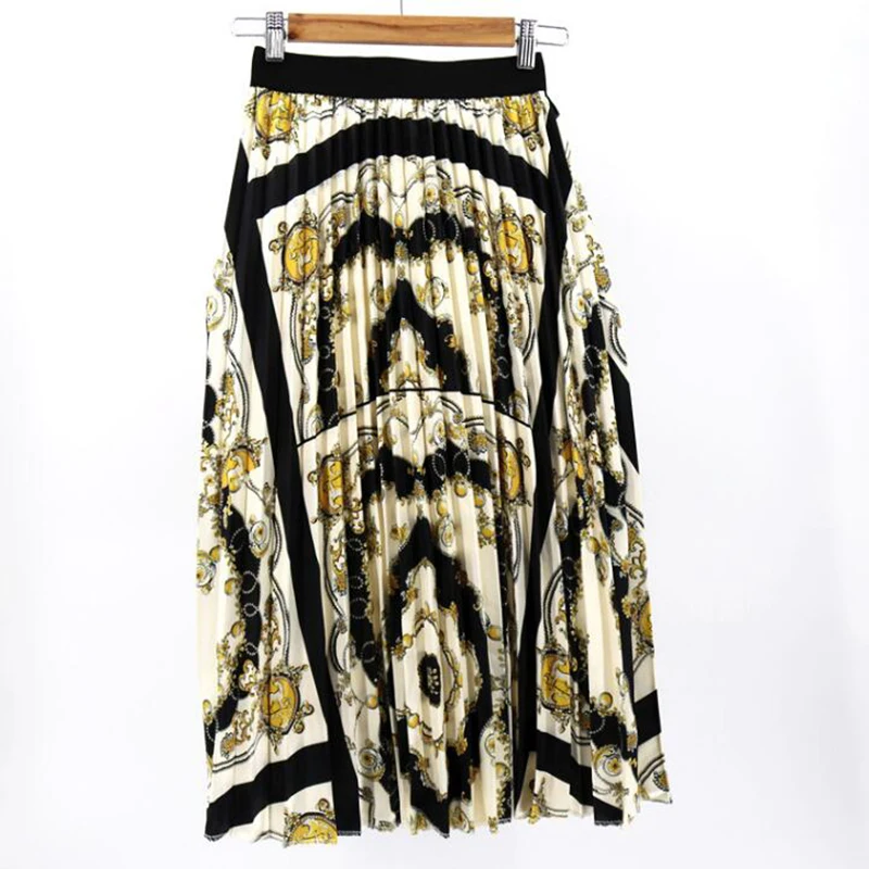 Европейский и американский стиль Печать длинный абзац большой размер плиссированная юбка средняя талия юбка женский эластичный пояс юбка