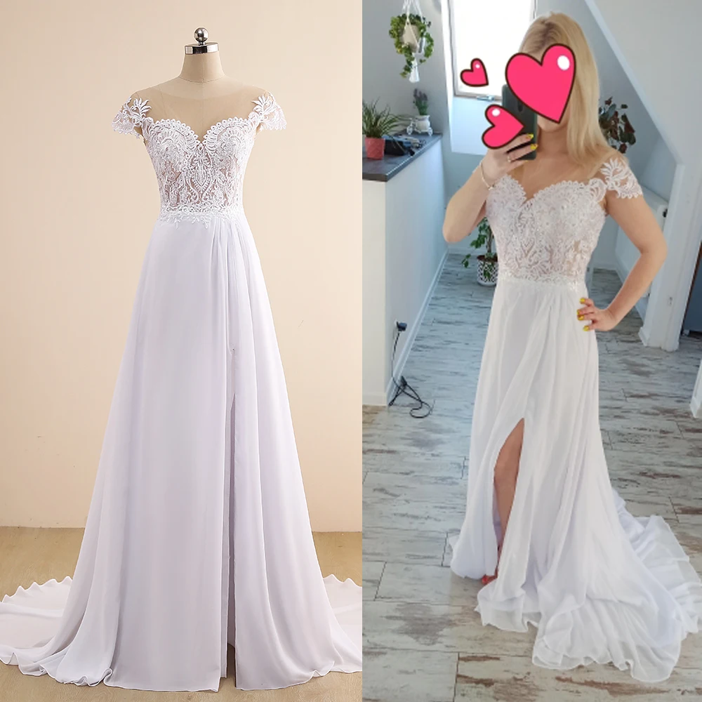 Jiayigong Bohemian Wedding Dress Robe De Mariee Sexy Side Slit Lace Applique Beach Wedding Dresses Plus Size Bridal Gown