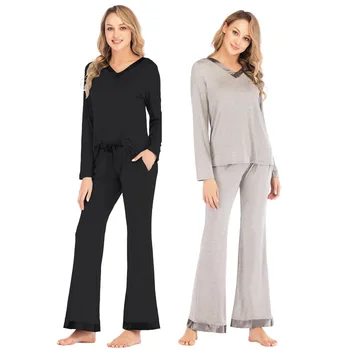 

Women's loose pajamas home service long-sleeved contrast color pajamas suit cotton comfortable 2020 new autumn and winter
