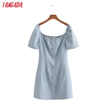 

Tangada summer women blue denim dress puff short sleeve 2020 females mini dresses vestidos 1D197